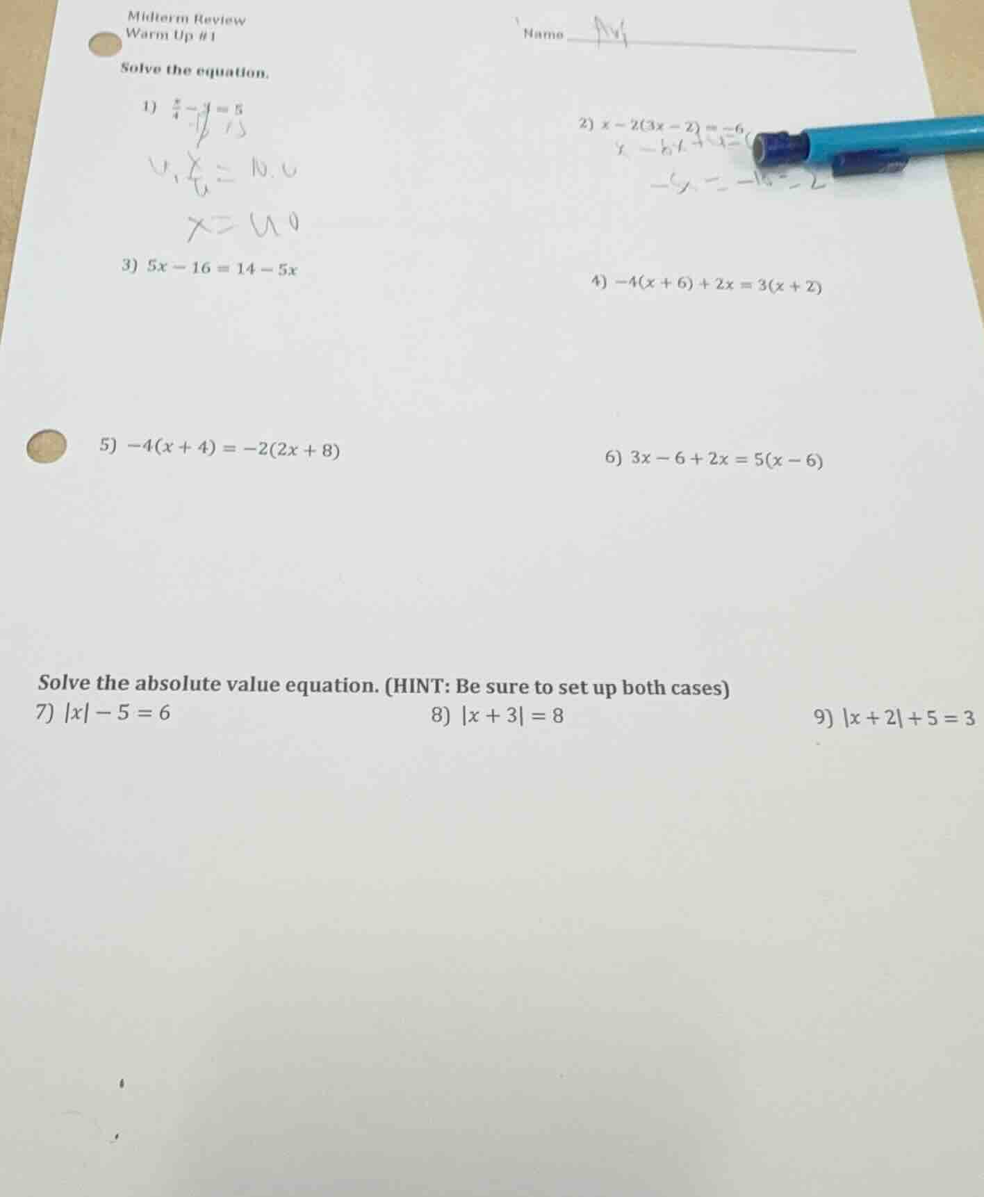 midterm review warm up #1 name solve the equation. 1) $\\frac{x}{4} - 9…