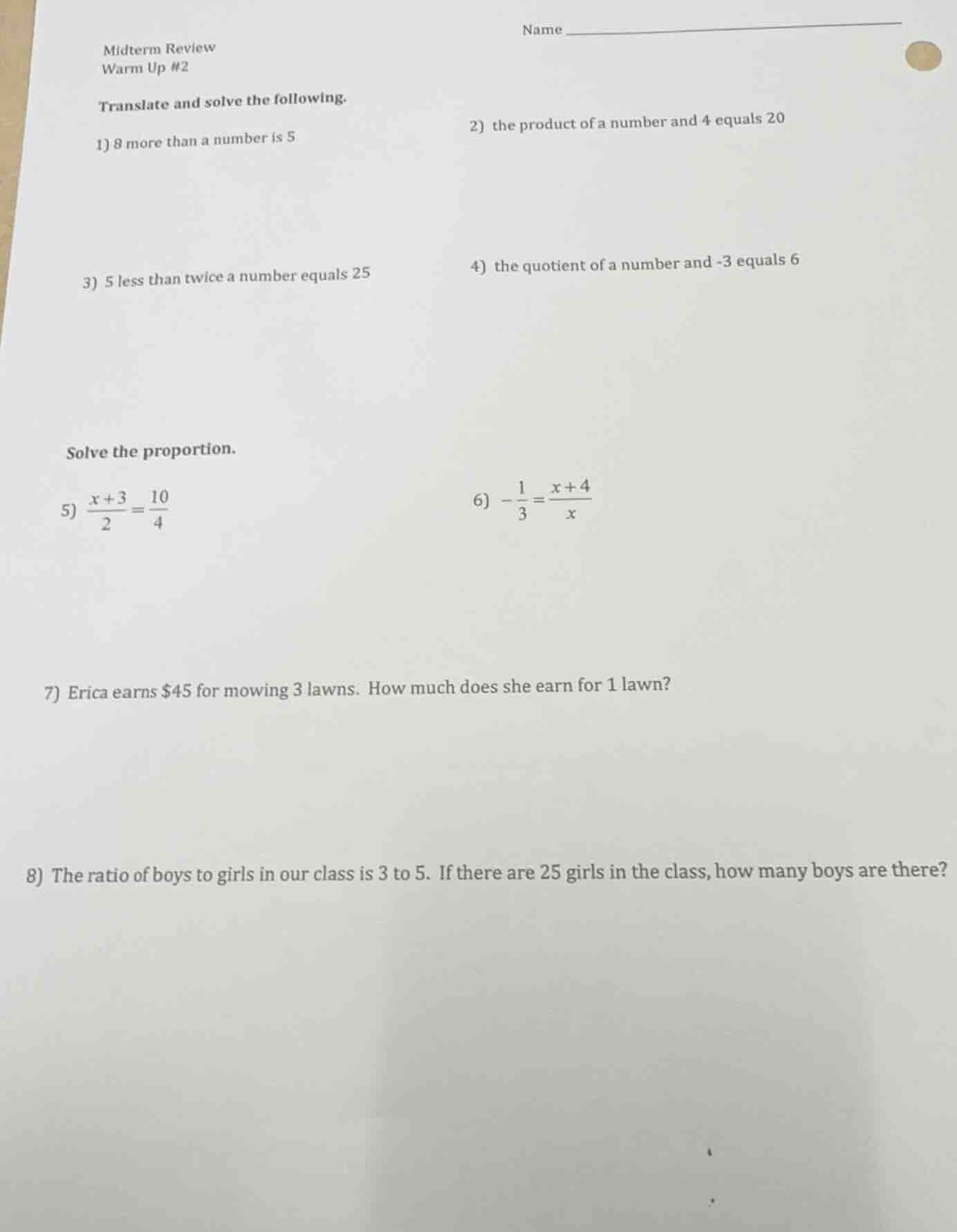 midterm review warm up #2 translate and solve the following. 1) 8 more …