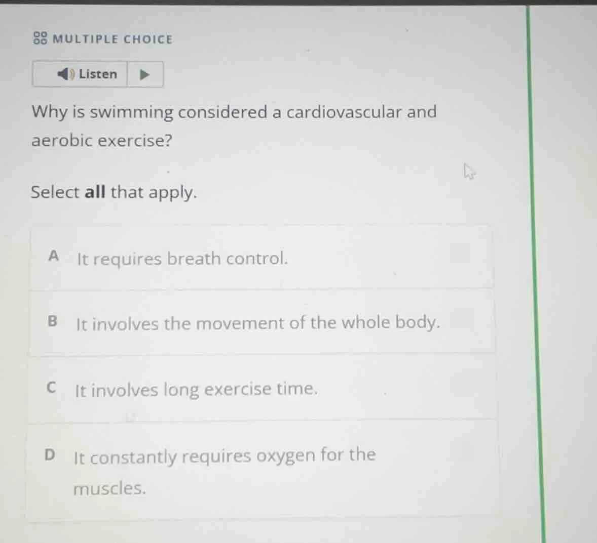 multiple choice listen why is swimming considered a cardiovascular and …