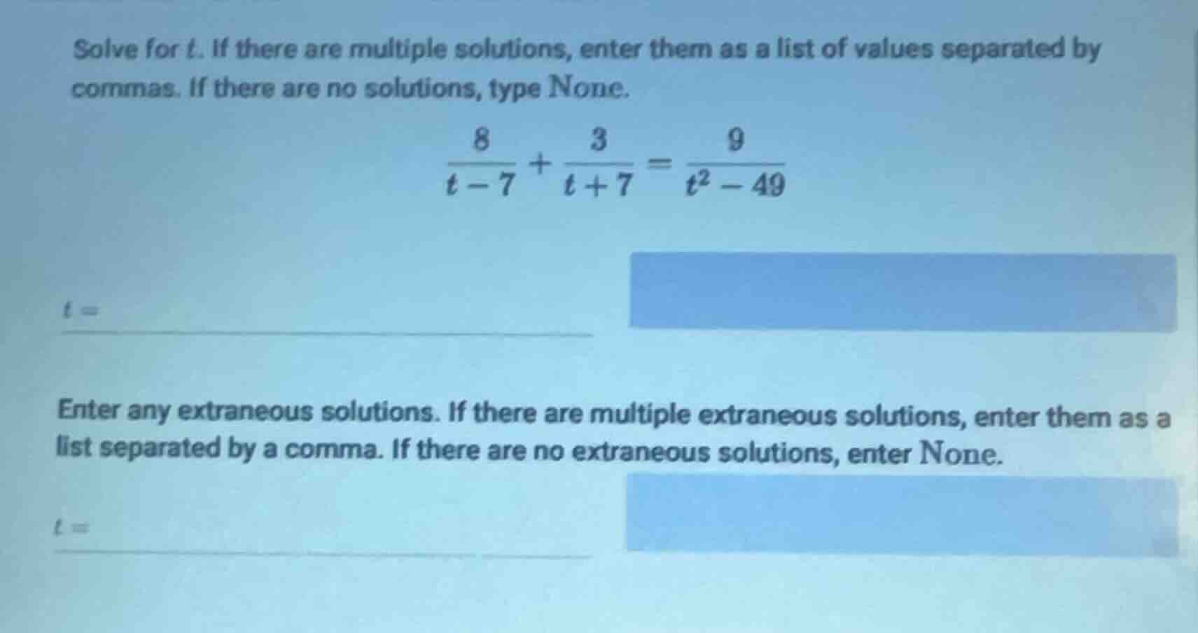 solve for t. if there are multiple solutions, enter them as a list of v…