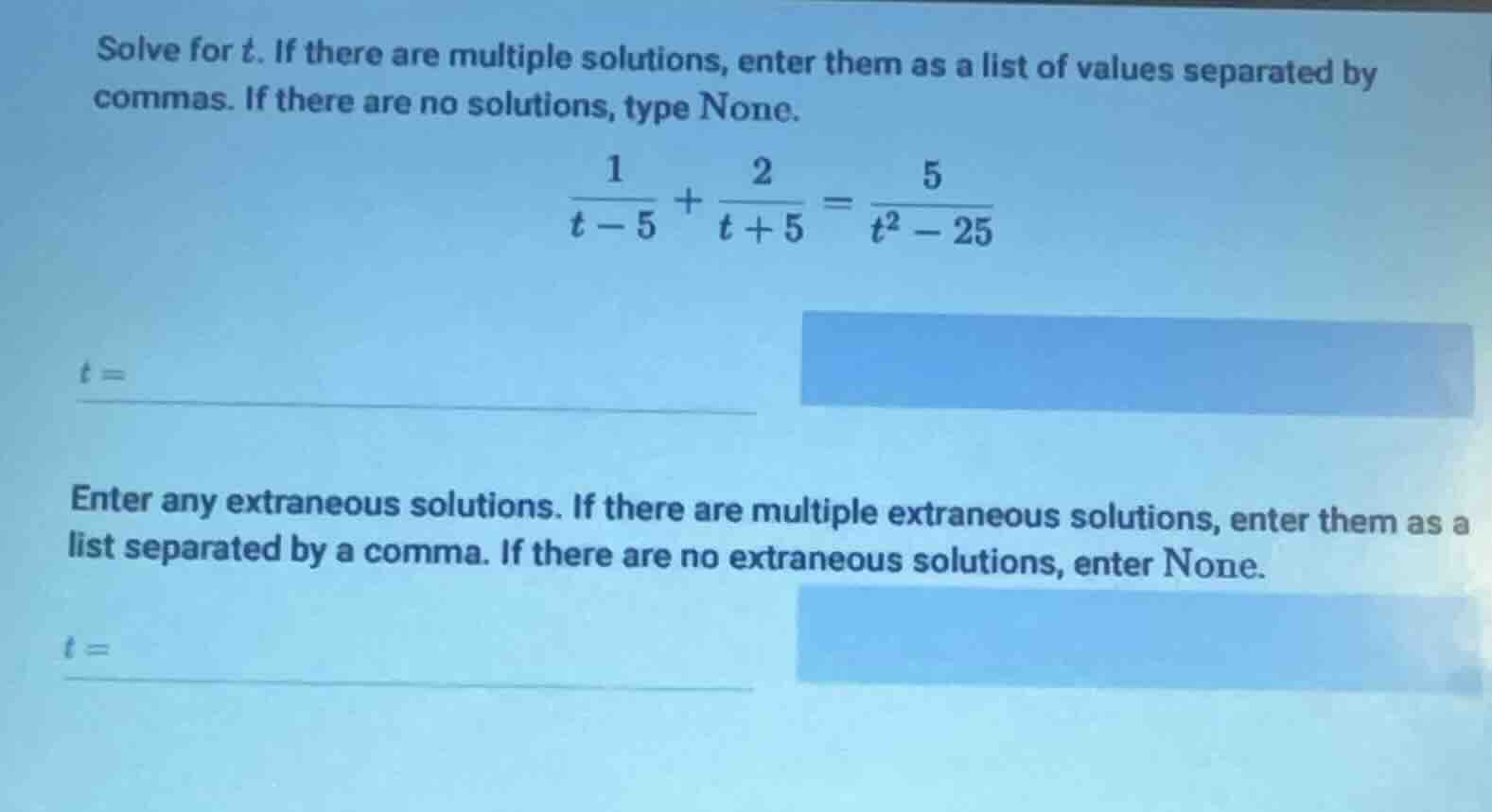 solve for t. if there are multiple solutions, enter them as a list of v…