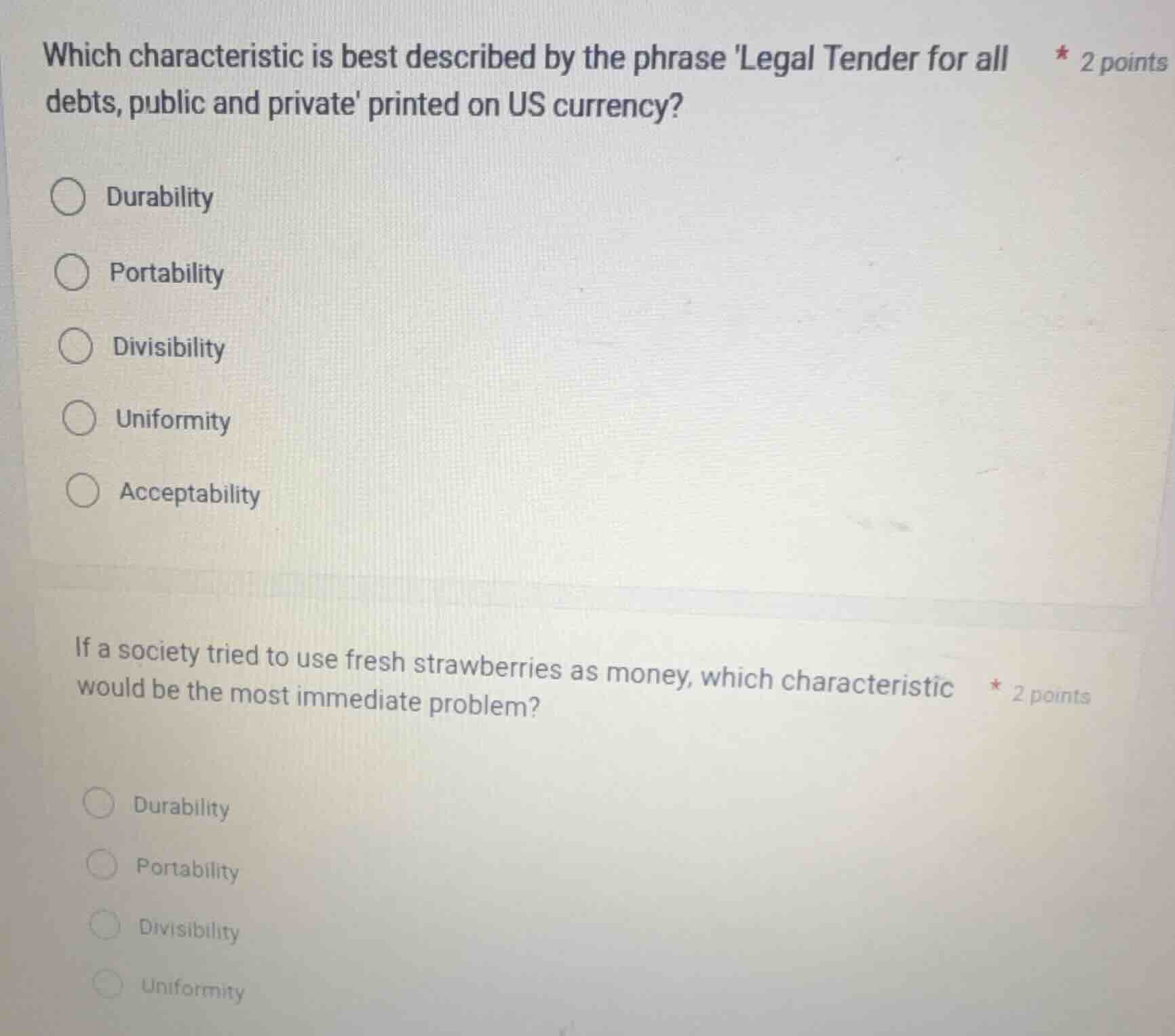 which characteristic is best described by the phrase legal tender for a…