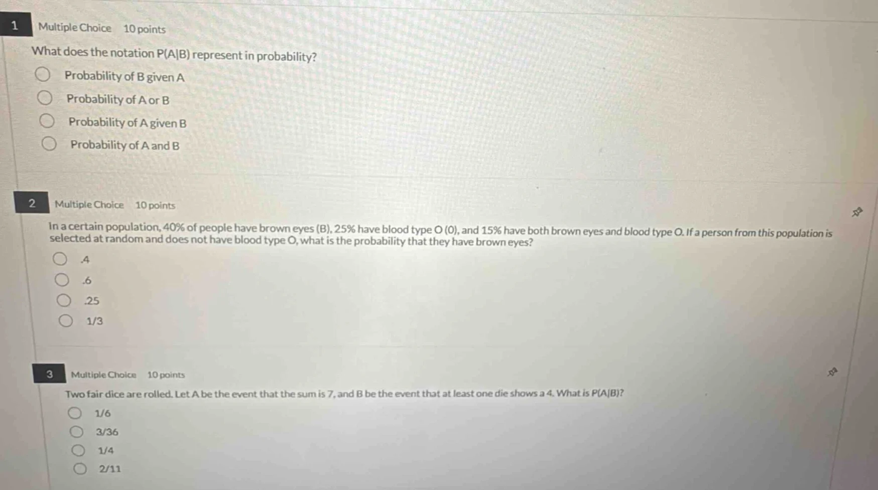 1 multiple choice 10 points what does the notation p(a|b) represent in …