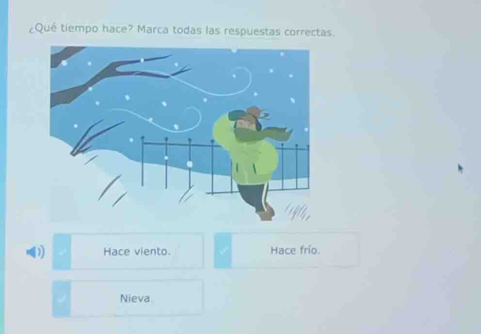 ¿qué tiempo hace? marca todas las respuestas correctas. hace viento. ha…