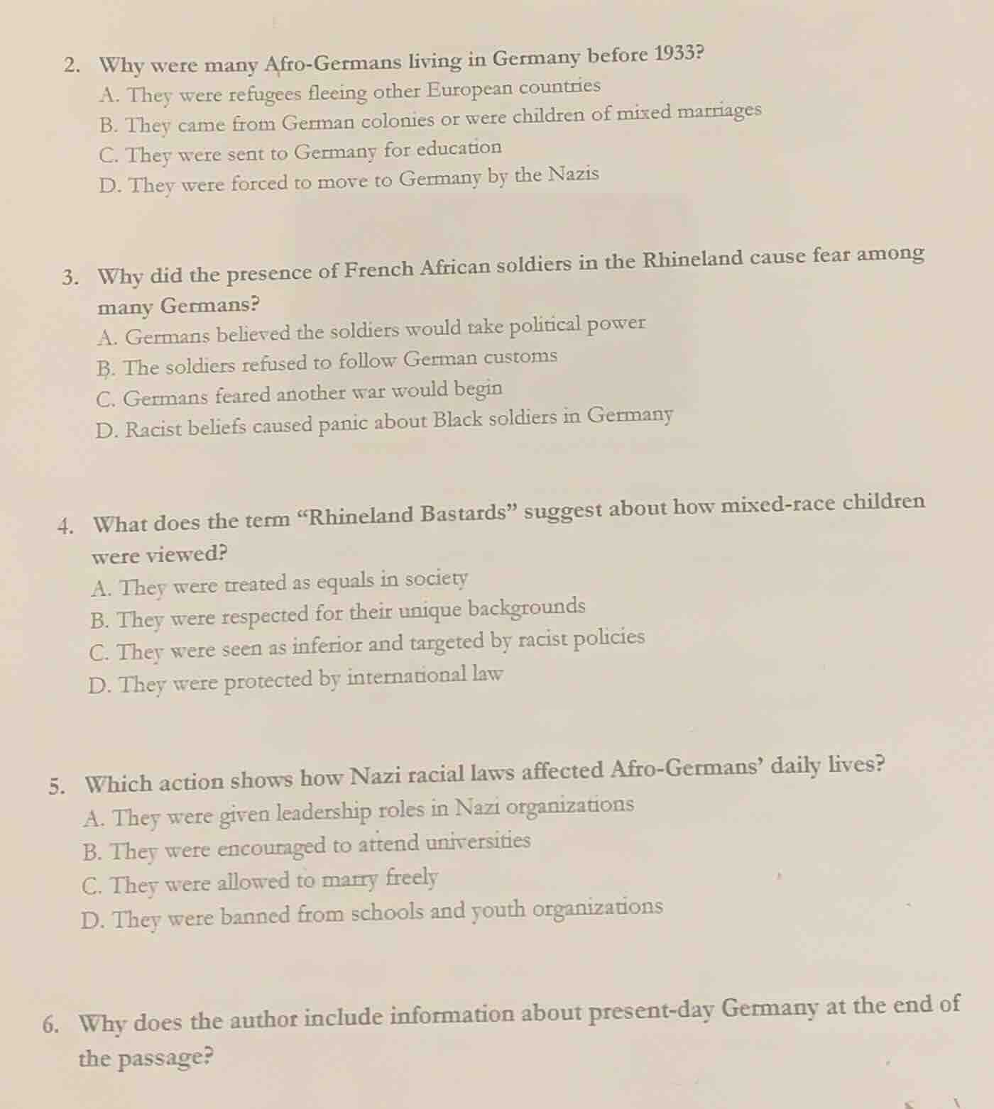 2. why were many afro - germans living in germany before 1933? a. they …