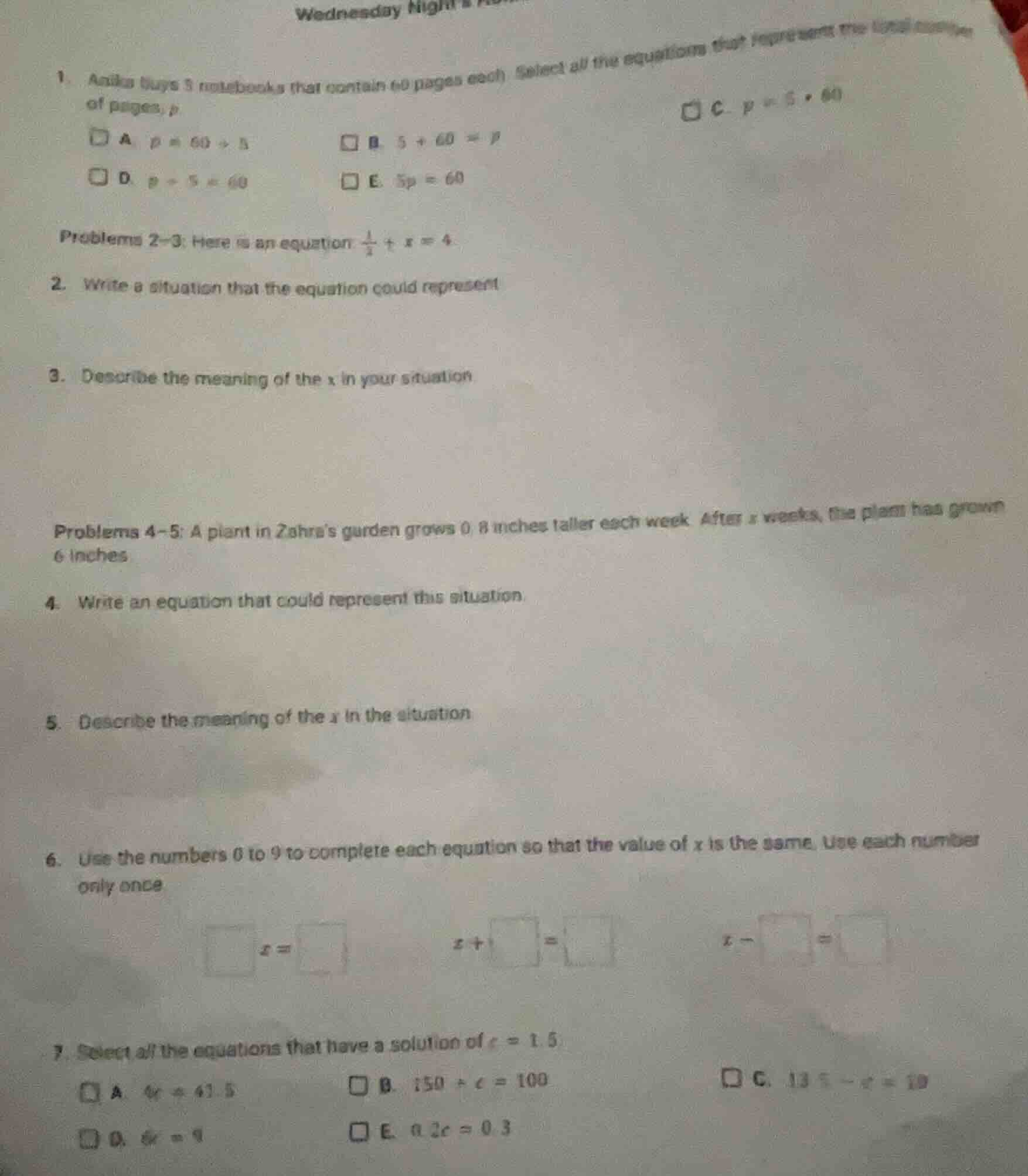 wednesday nights 1. anika buys 5 notebooks that contain 60 pages each. …