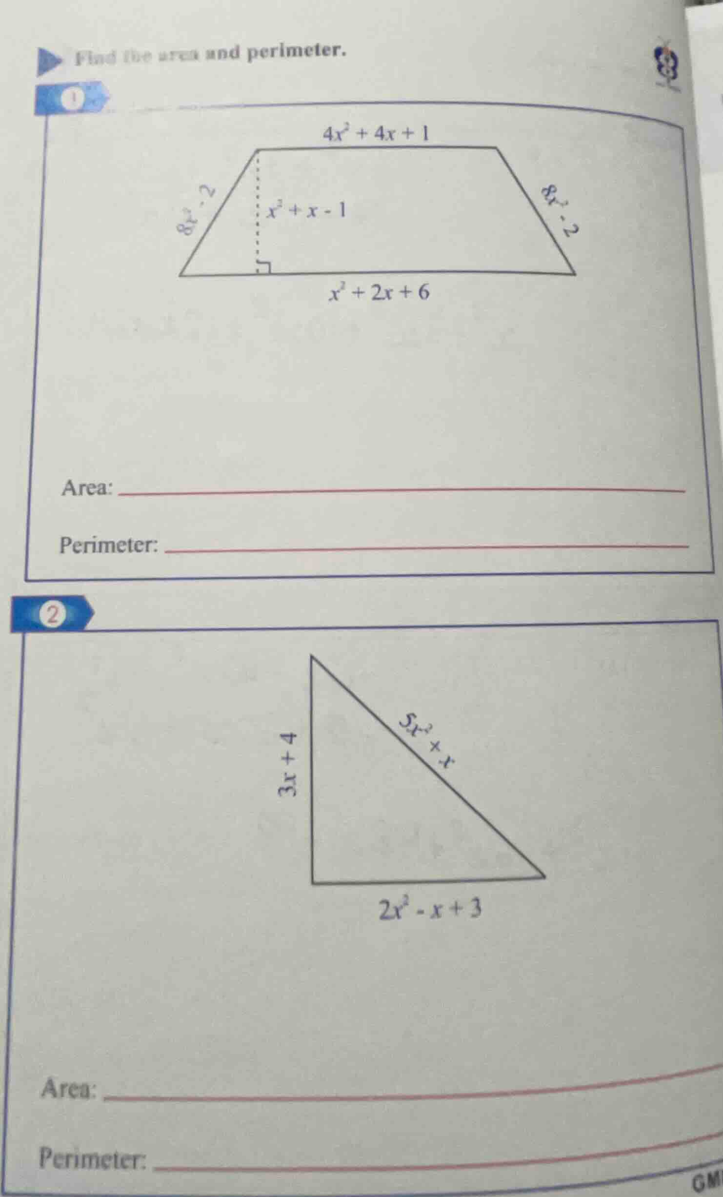 find the area and perimeter. 1 trapezoid with top base (4x^2 + 4x + 1),…
