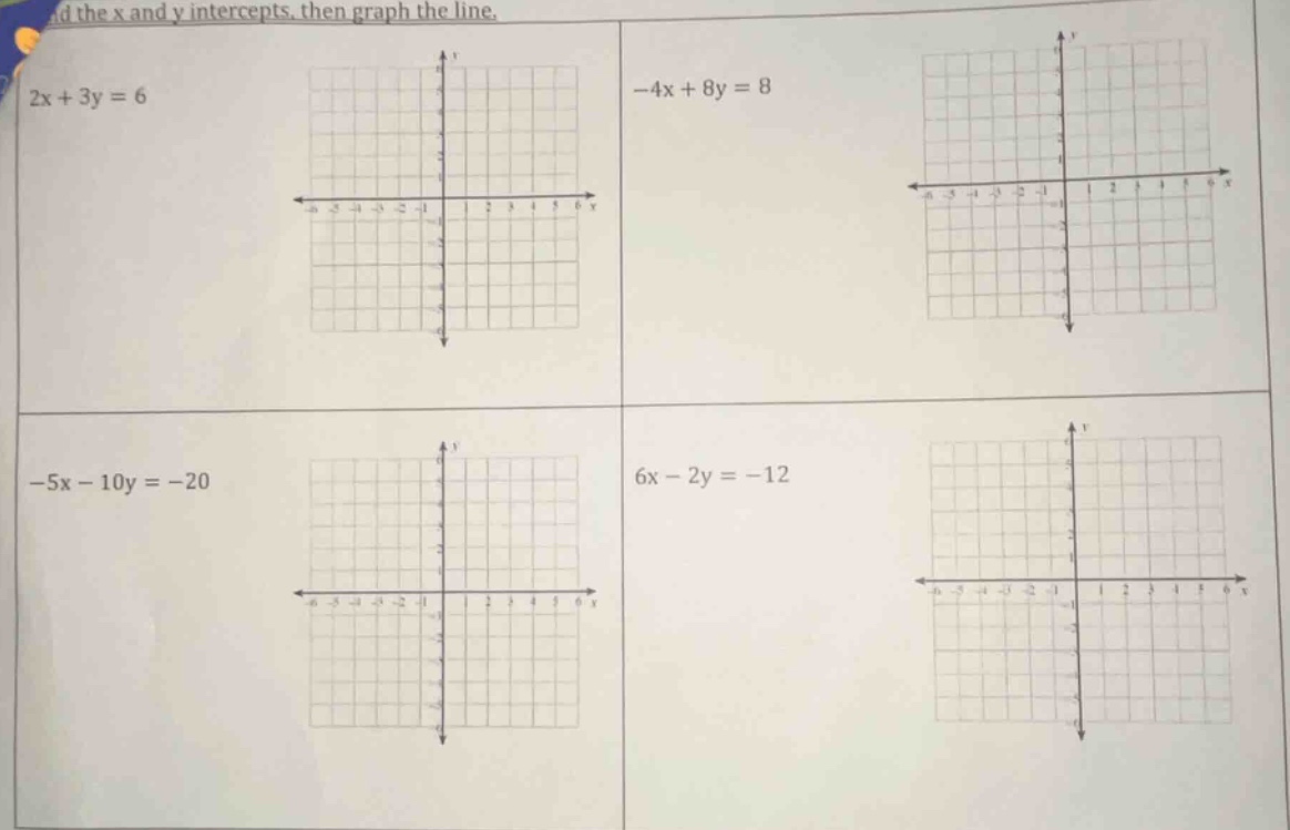 find the x and y intercepts, then graph the line. $2x + 3y = 6$ $-4x + …