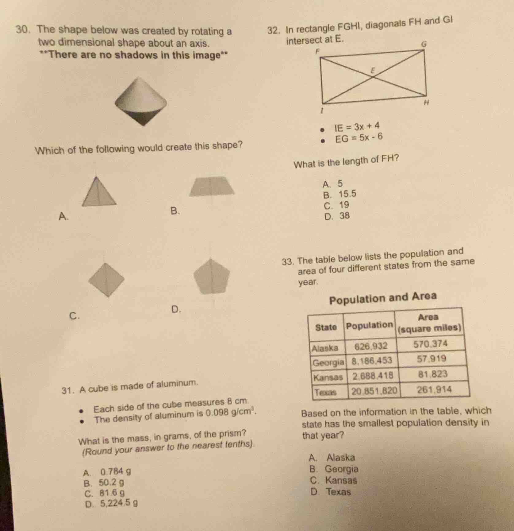 30. the shape below was created by rotating a two dimensional shape abo…