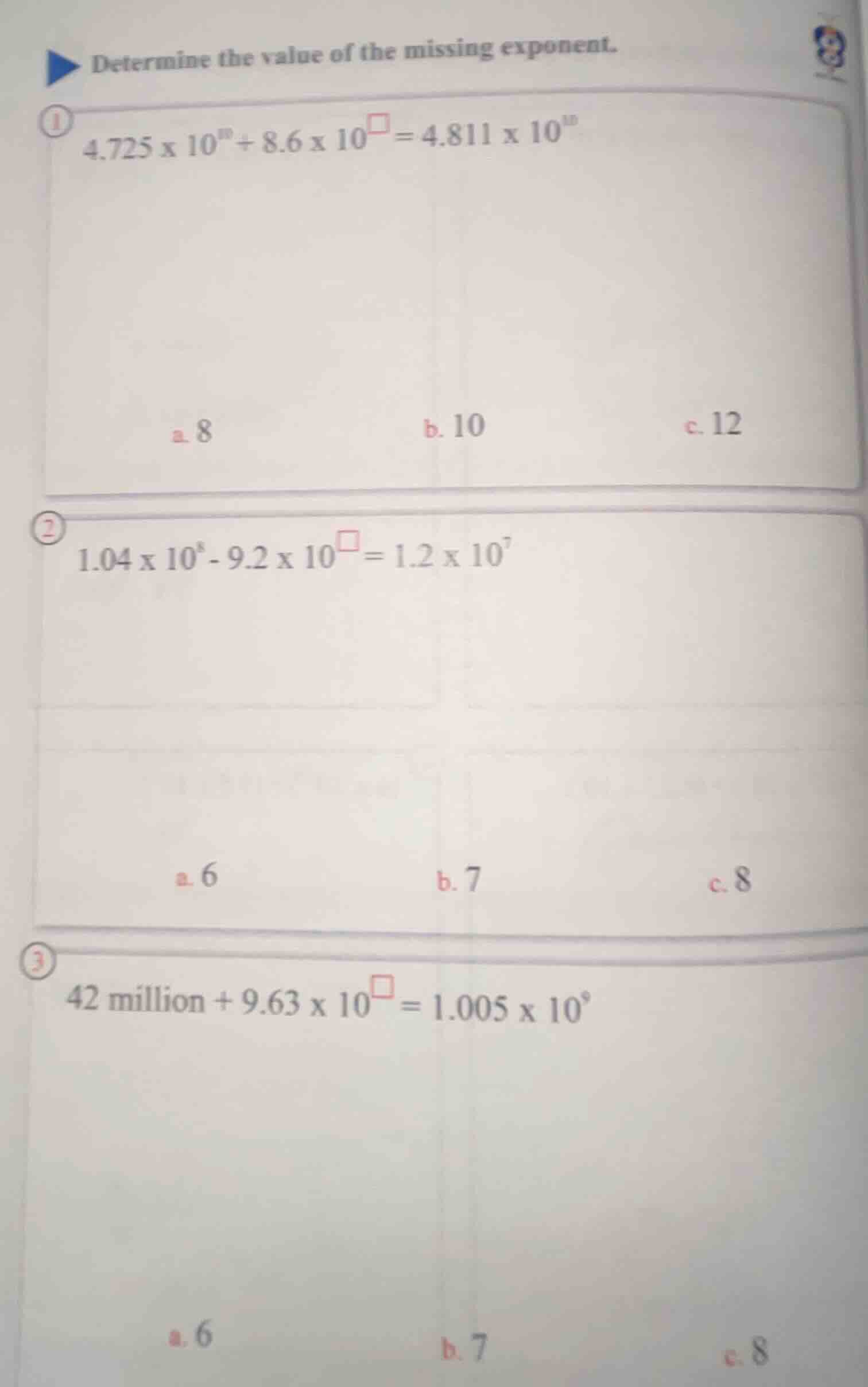 determine the value of the missing exponent. 1 ( 4.725 \times 10^{10} +…