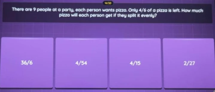 there are 9 people at a party, each person wants pizza. only 4/6 of a p…