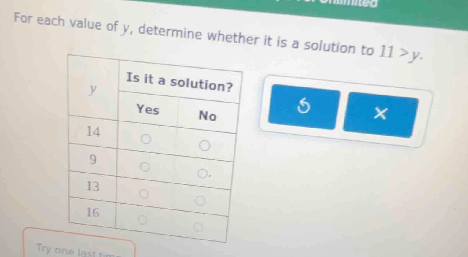for each value of y, determine whether it is a solution to 11 > y. | y …