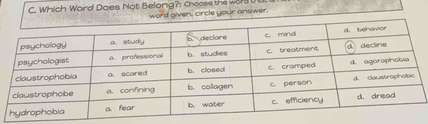 c. which word does not belong?: choose the word that is not word given,…