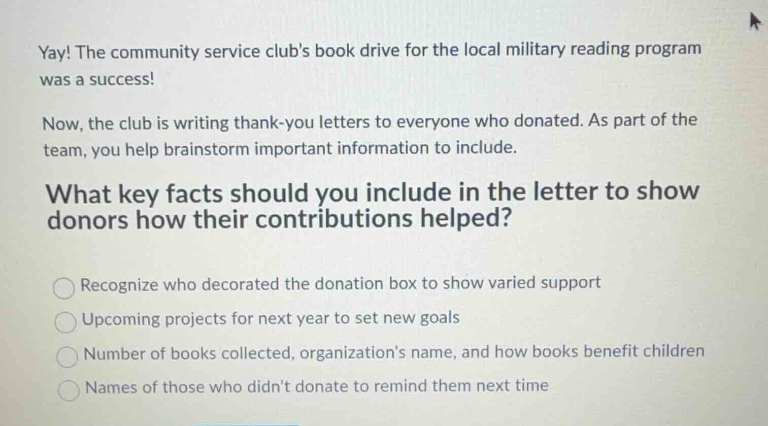 yay! the community service club’s book drive for the local military rea…