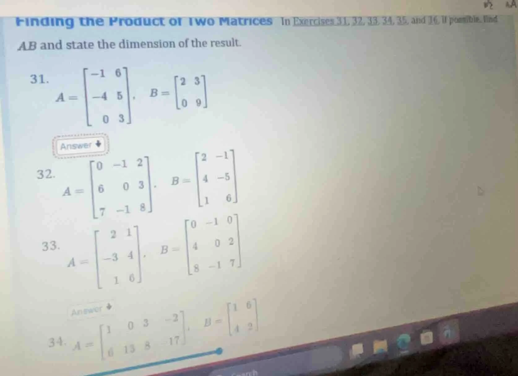 finding the product of two matrices in exercises 31, 32, 33, 34, 35, an…