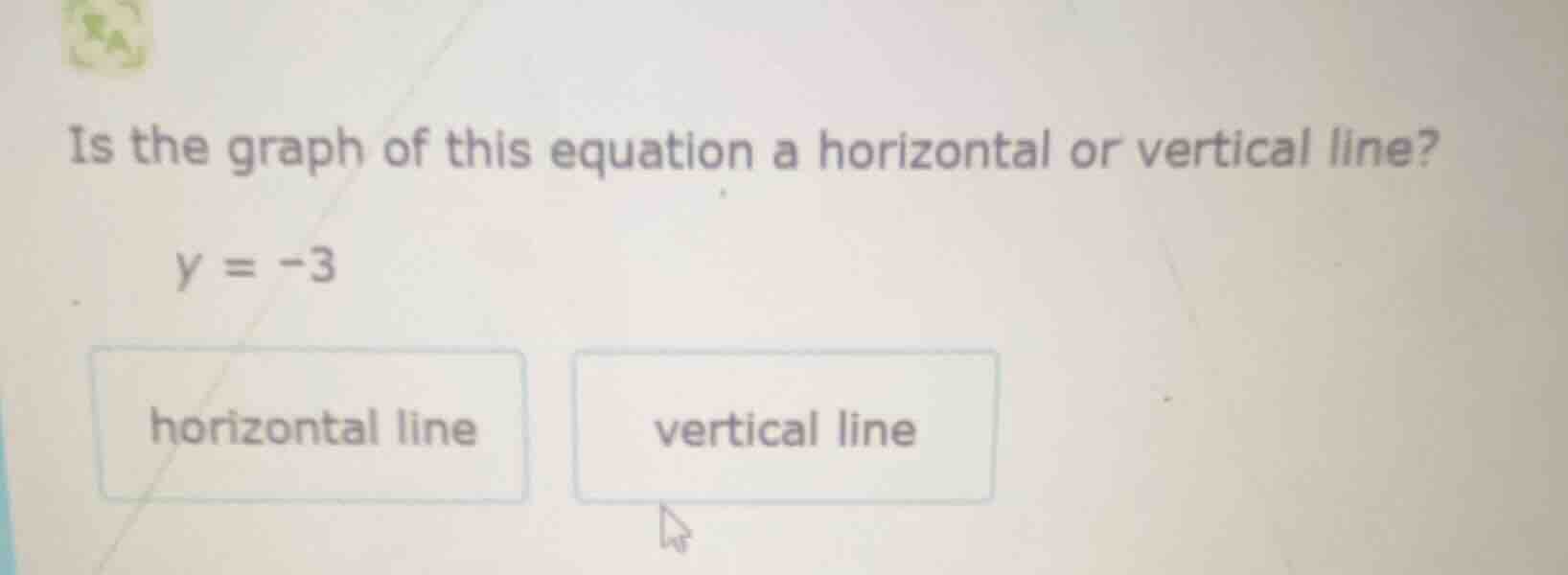 is the graph of this equation a horizontal or vertical line? y = -3 hor…