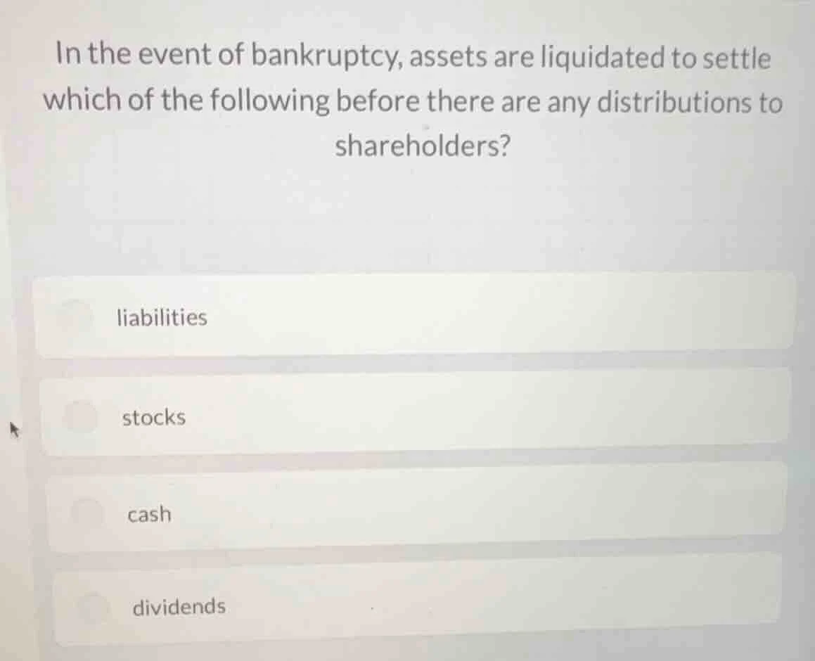 in the event of bankruptcy, assets are liquidated to settle which of th…