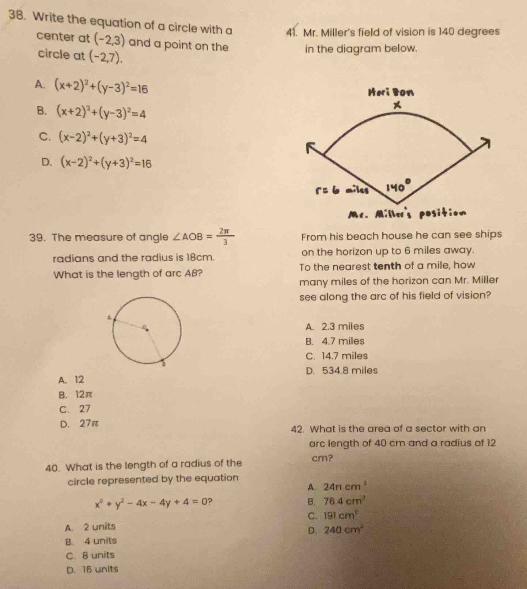 38. write the equation of a circle with a center at (-2,3) and a point …