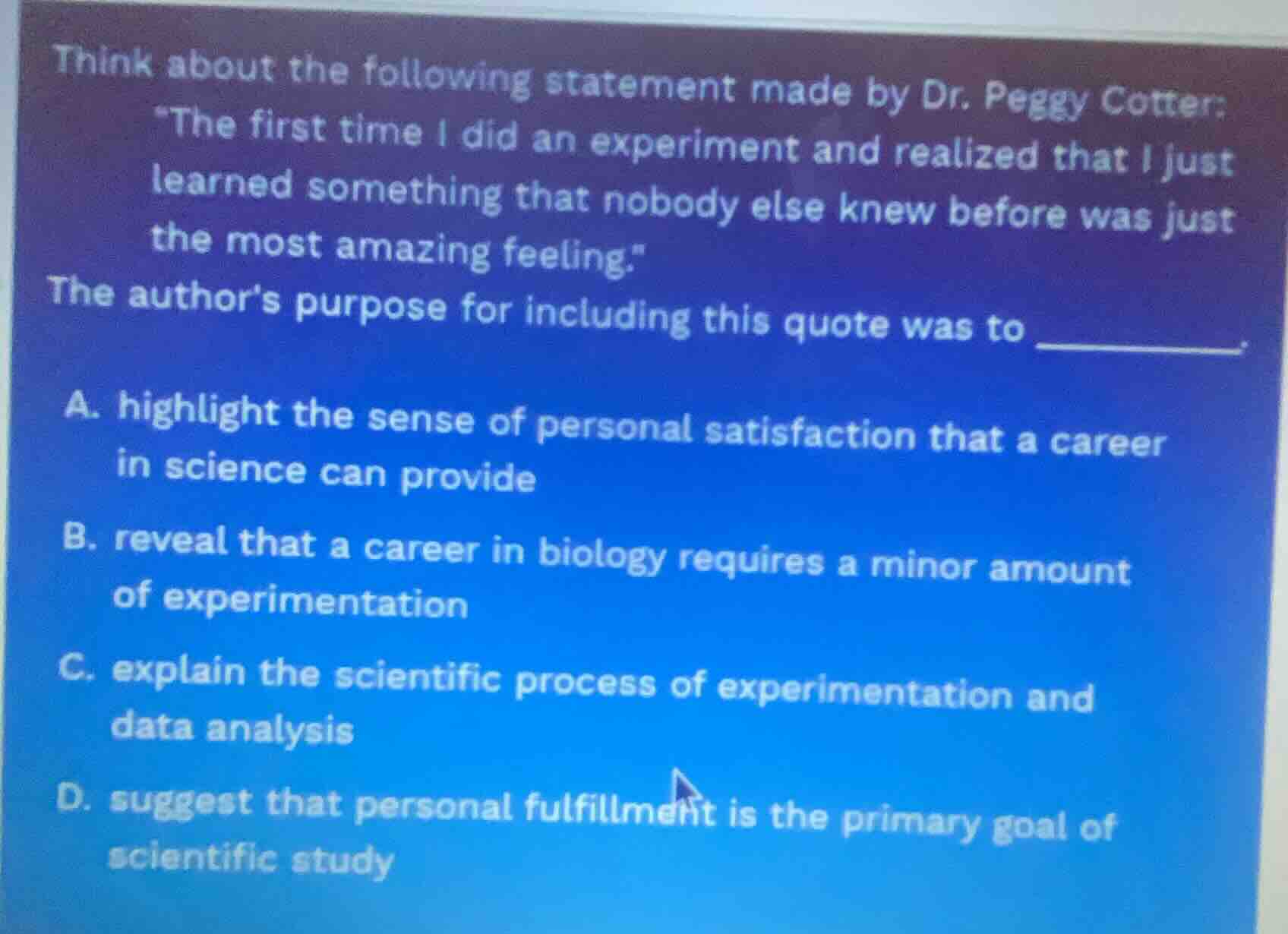 think about the following statement made by dr. peggy cotter: \the firs…