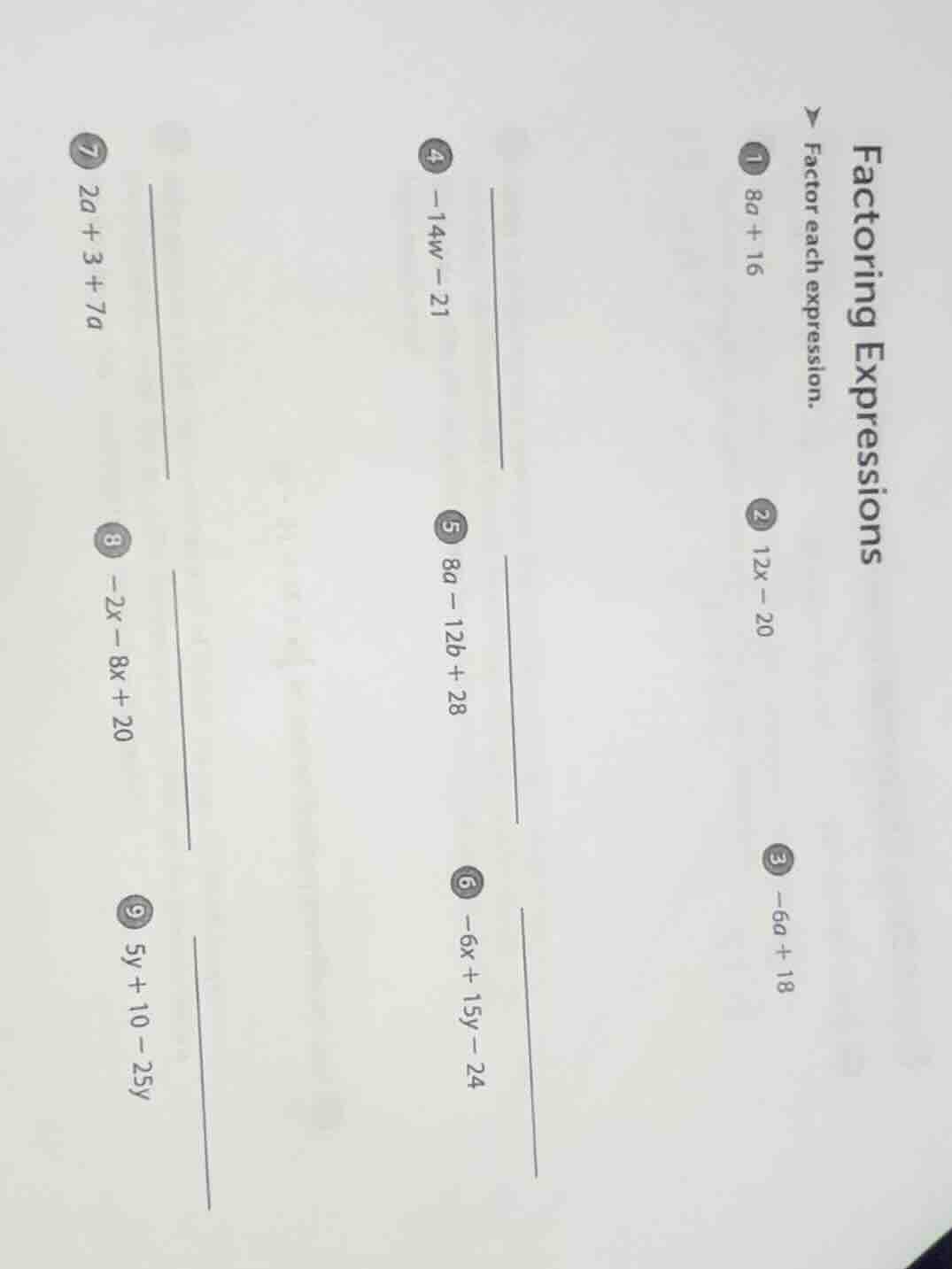 factoring expressions factor each expression. 1 ( 8a + 16 ) 2 ( 12x - 2…