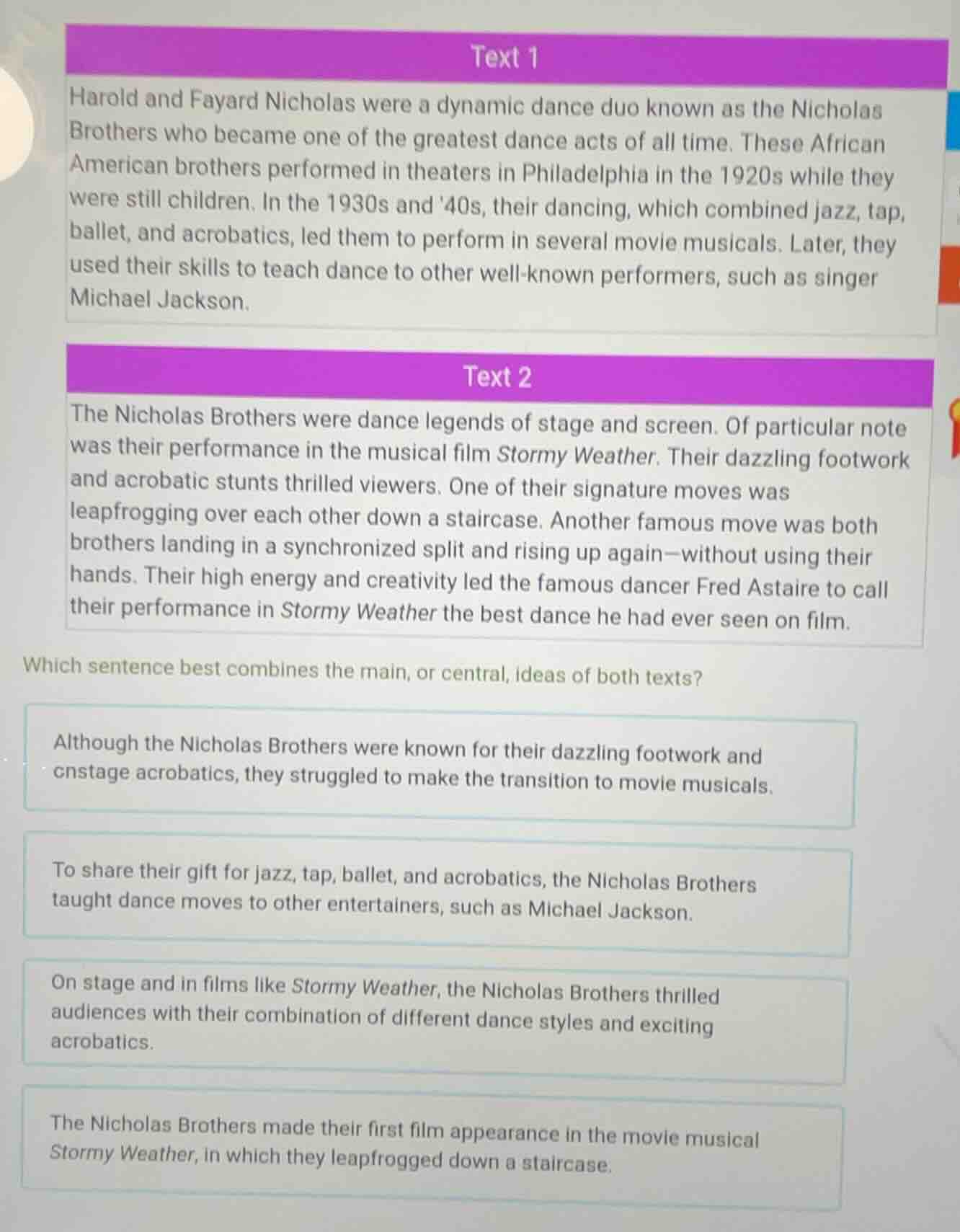 text 1 harold and fayard nicholas were a dynamic dance duo known as the…