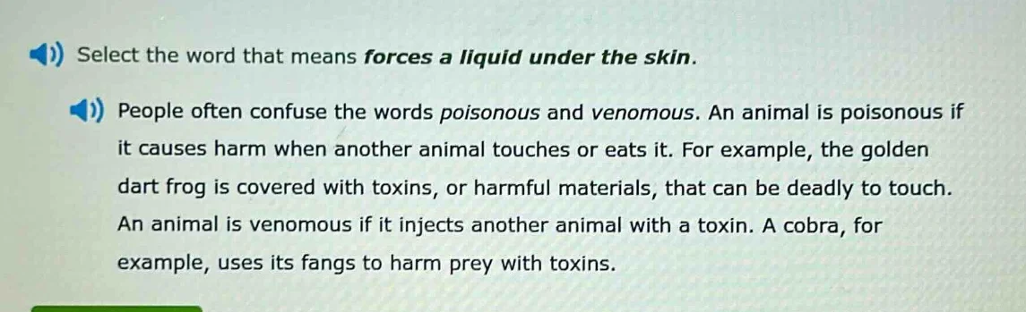 select the word that means forces a liquid under the skin. people often…