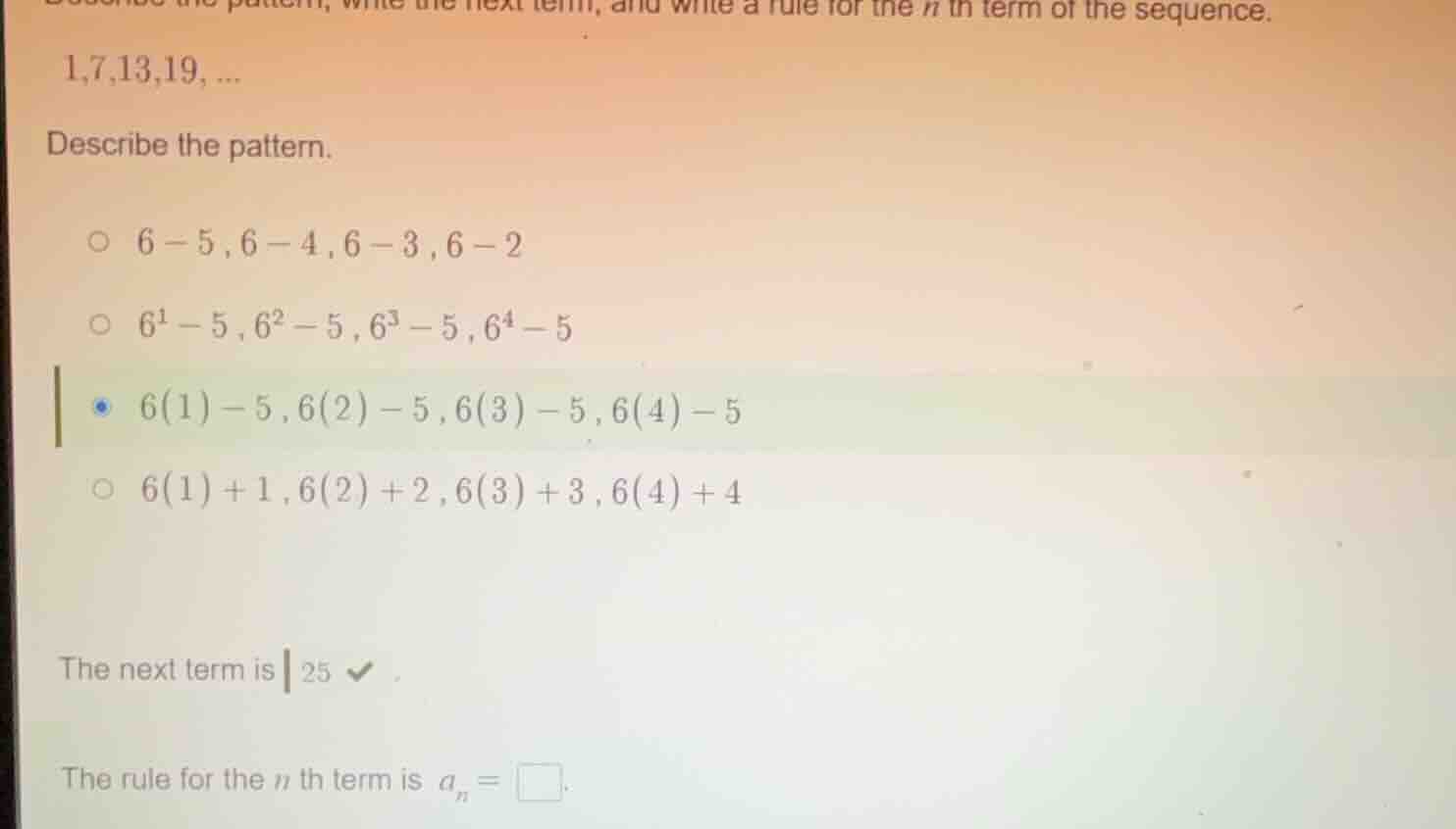 describe the pattern, write the next term, and write a rule for the n t…