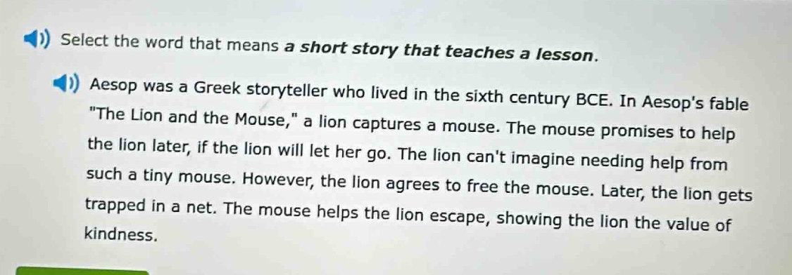 select the word that means a short story that teaches a lesson. aesop w…