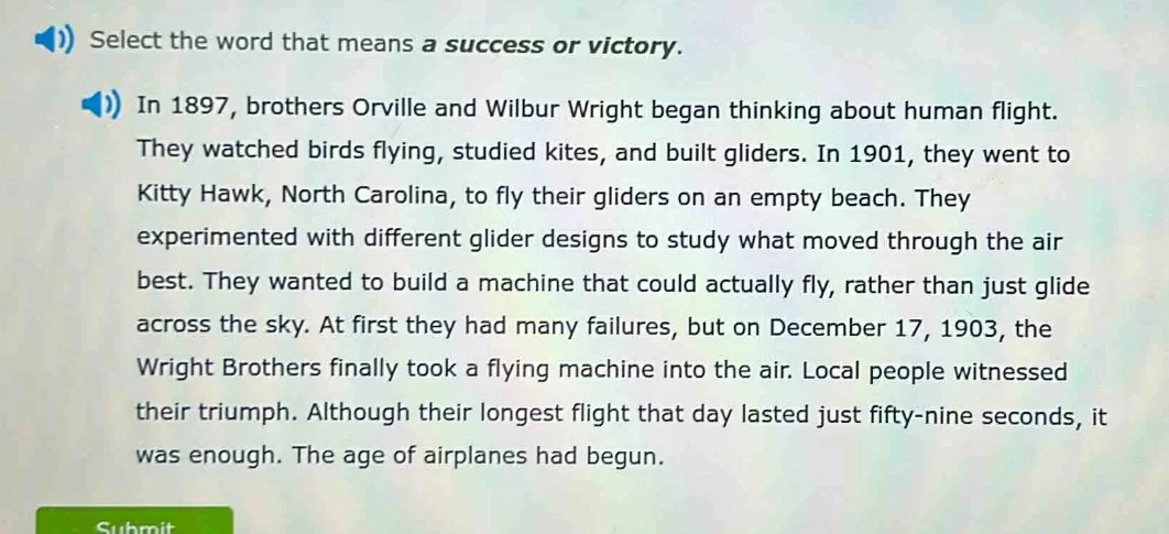 select the word that means a success or victory. in 1897, brothers orvi…