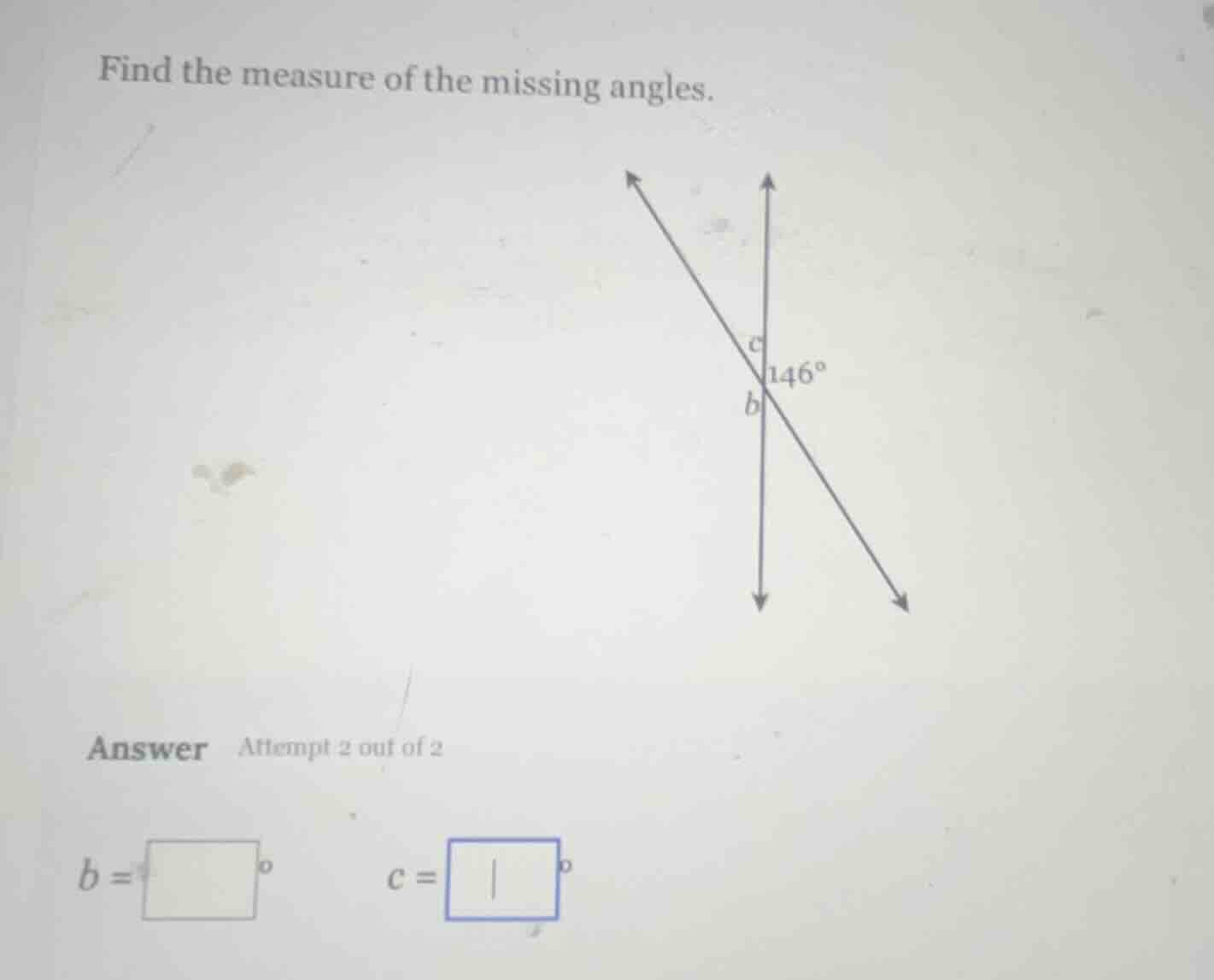 find the measure of the missing angles. answer attempt 2 out of 2 b = \…