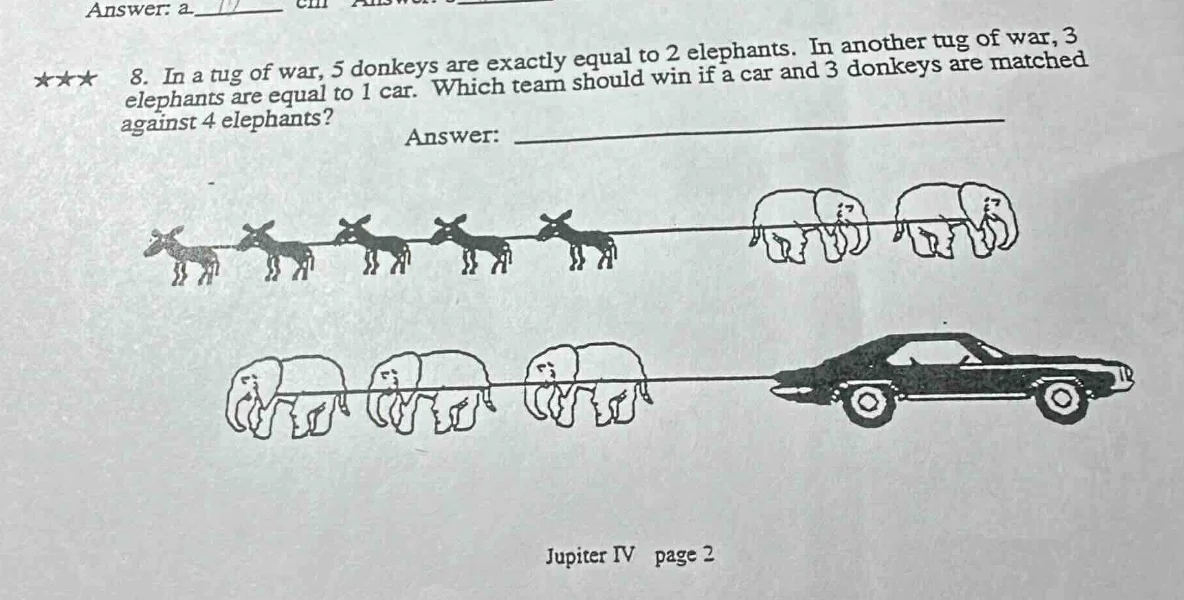 8. in a tug of war, 5 donkeys are exactly equal to 2 elephants. in anot…
