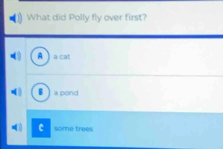 what did polly fly over first? a a cat b a pond c some trees