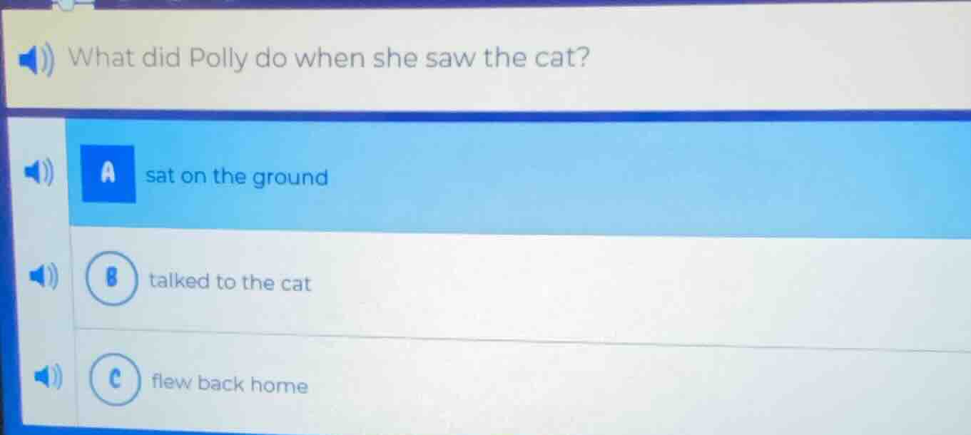 what did polly do when she saw the cat? a sat on the ground b talked to…