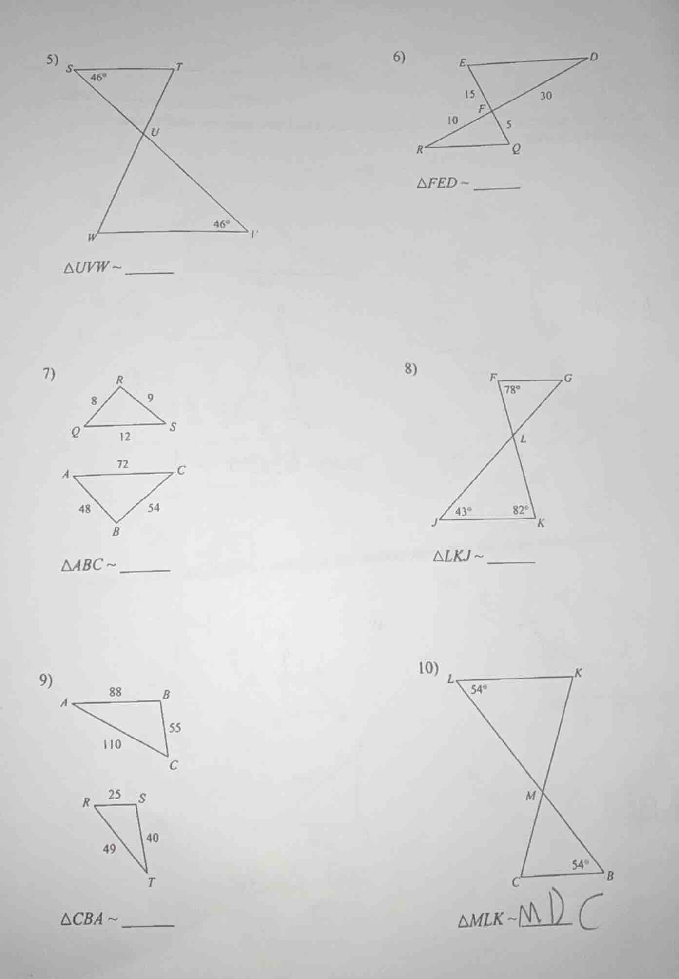 5) △uvw ~ ______ 6) △fed ~ ______ 7) △abc ~ ______ 8) △lkj ~ ______ 9) …