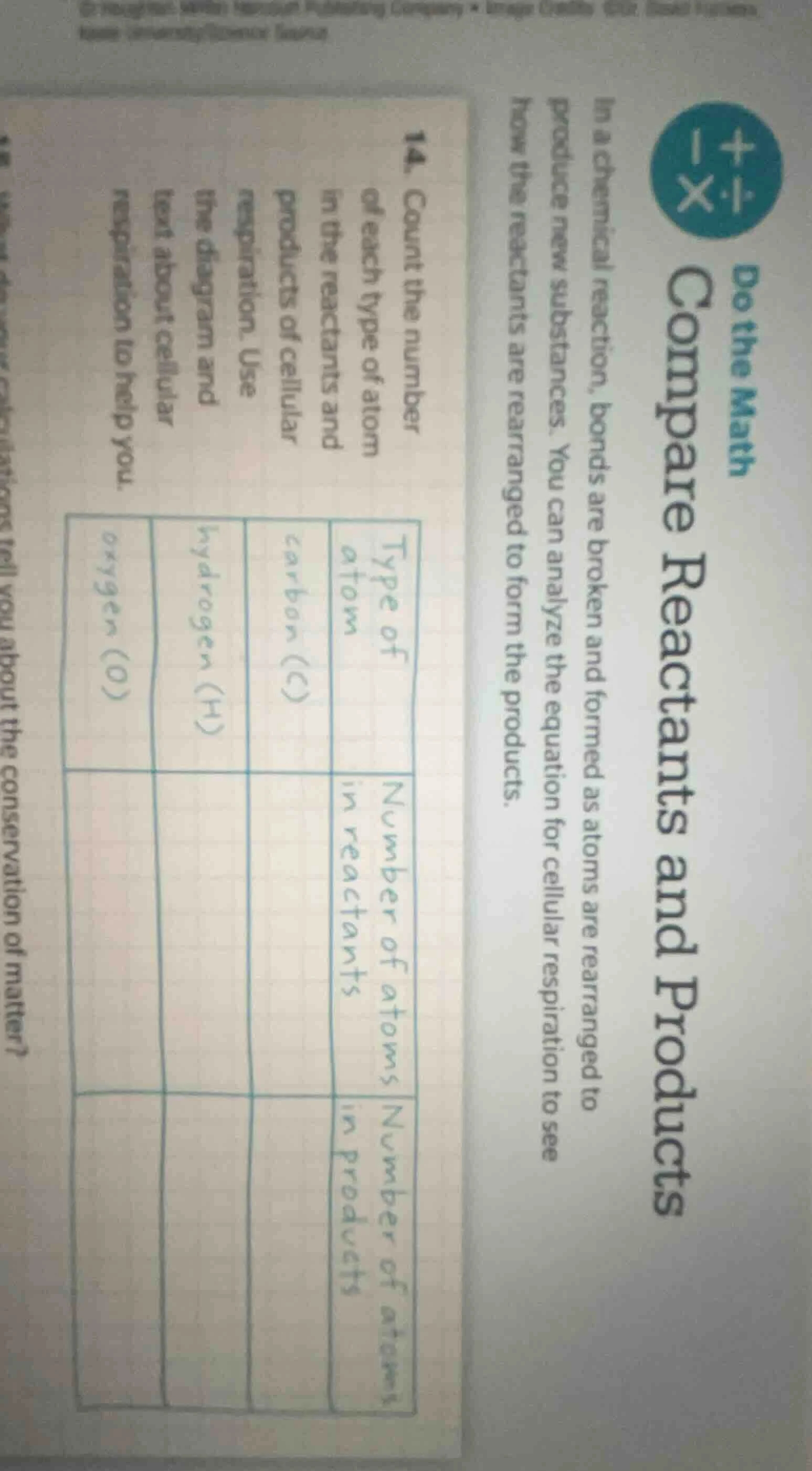 do the math compare reactants and products in a chemical reaction, bond…