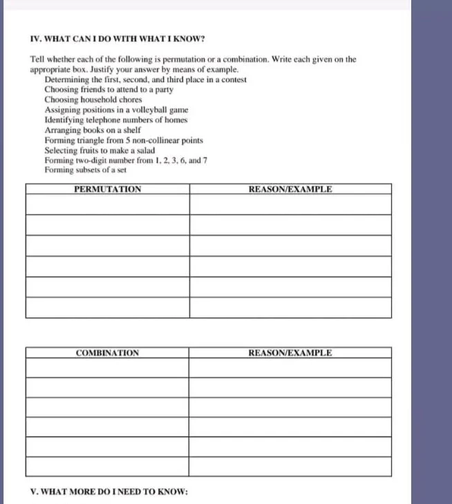 iv. what can i do with what i know? tell whether each of the following …