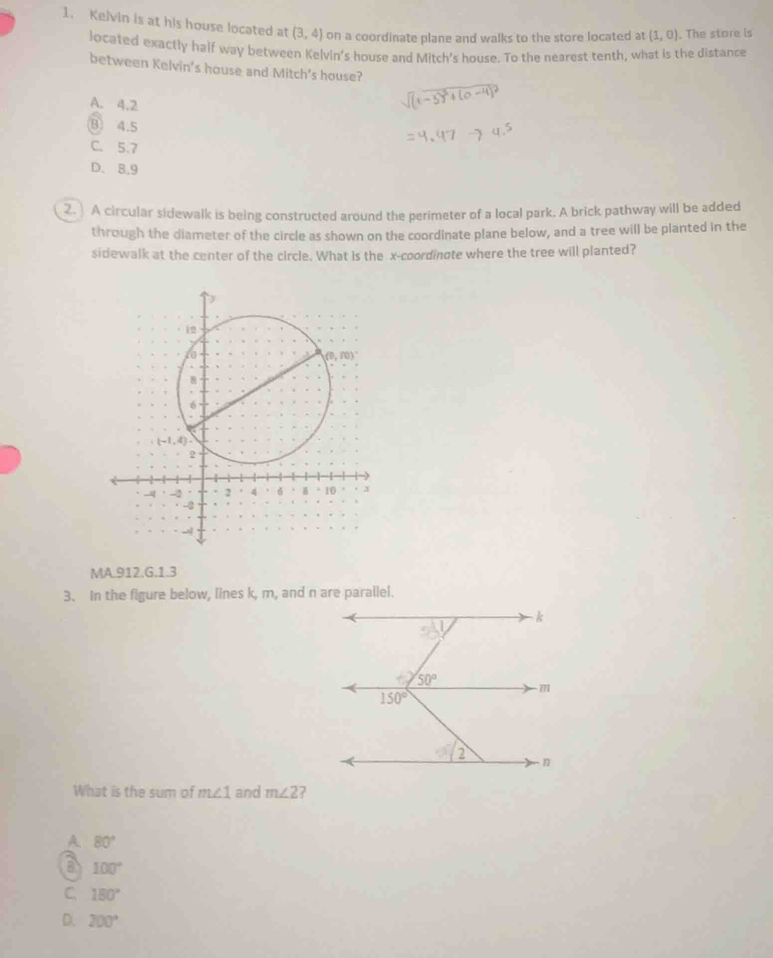 1. kelvin is at his house located at (3, 4) on a coordinate plane and w…