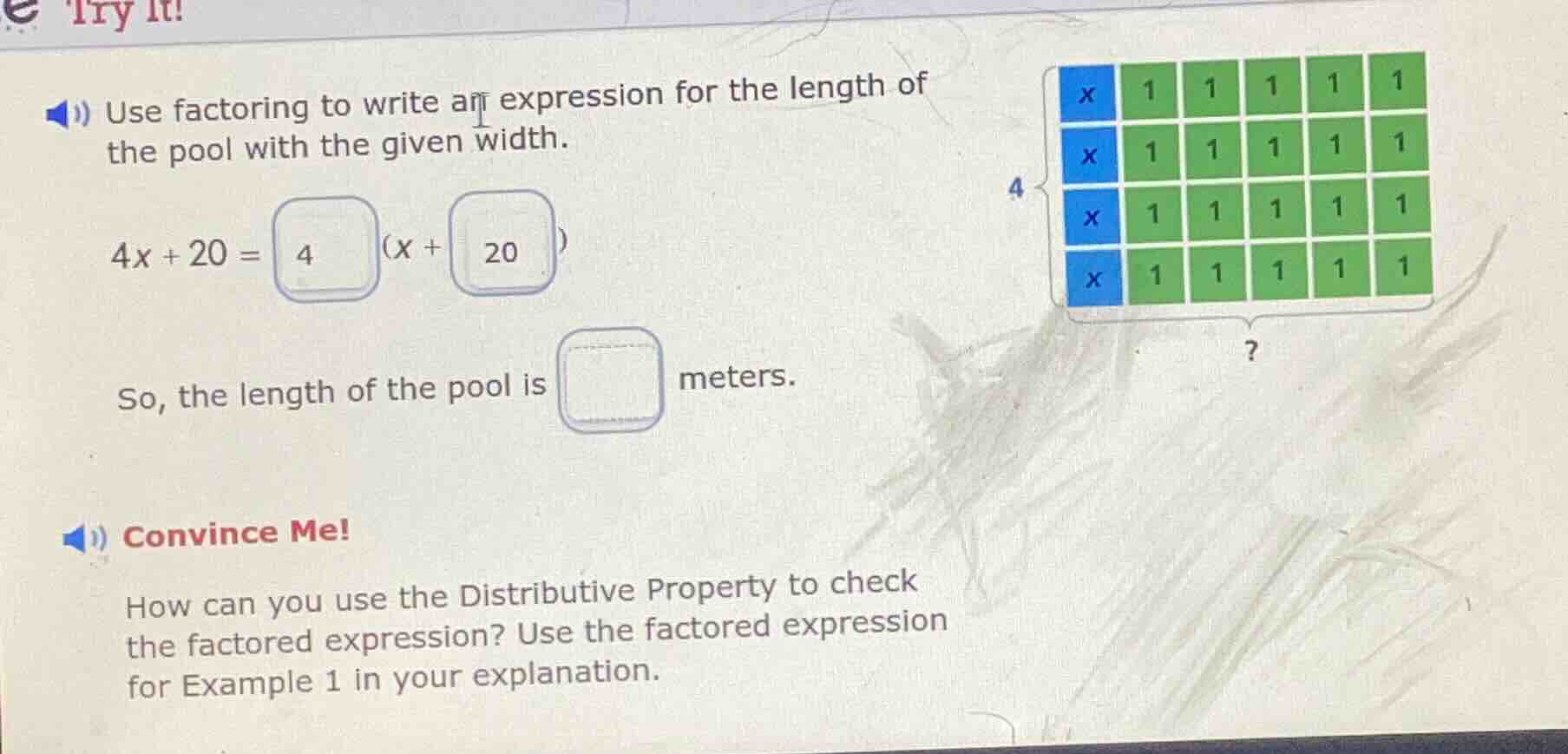 try it! use factoring to write an expression for the length of the pool…