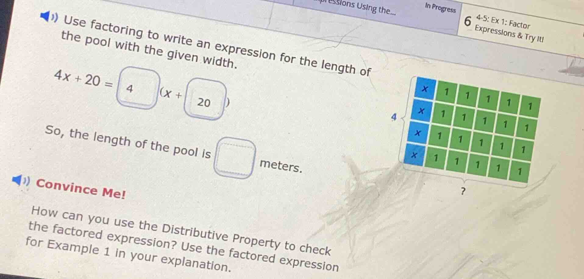 use factoring to write an expression for the length of the pool with th…