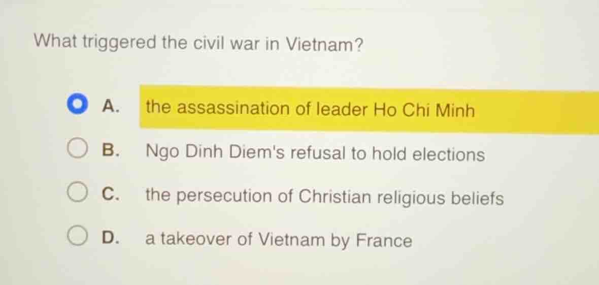 what triggered the civil war in vietnam? a. the assassination of leader…