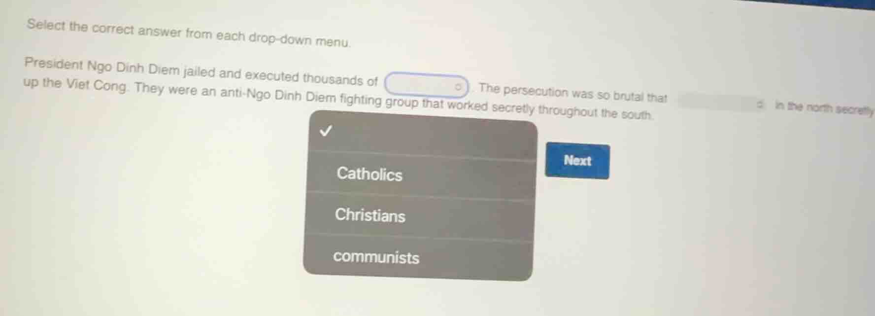 select the correct answer from each drop-down menu. president ngo dinh …