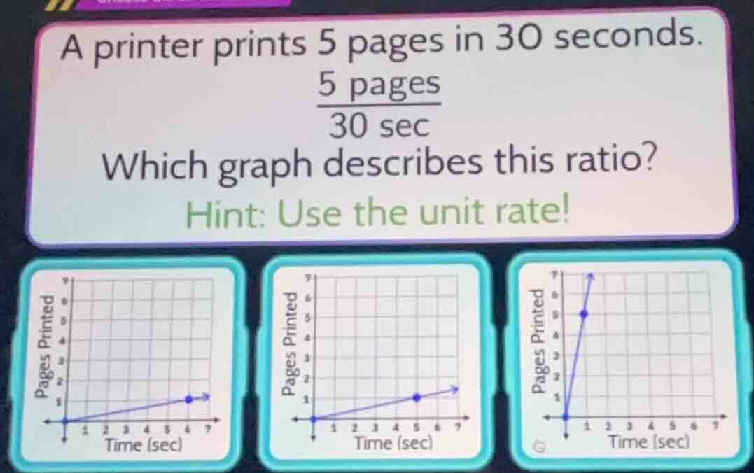 a printer prints 5 pages in 30 seconds.\\(\frac{5 \text{pages}}{30 \tex…