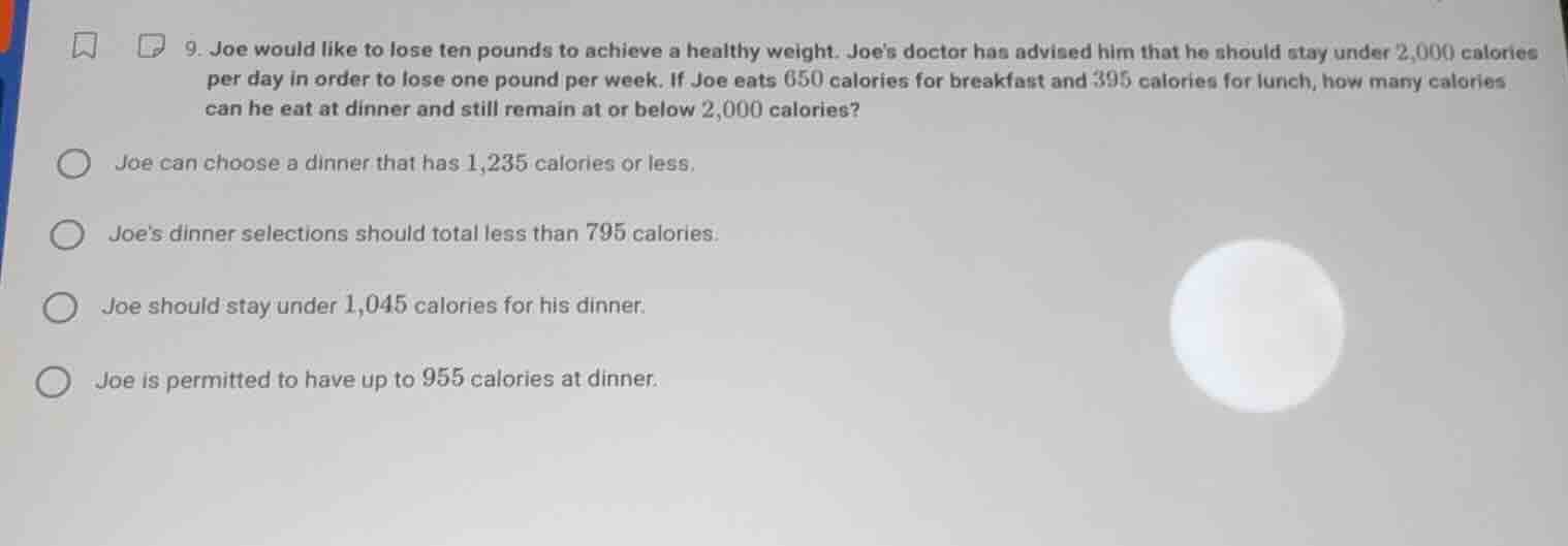 9. joe would like to lose ten pounds to achieve a healthy weight. joes …