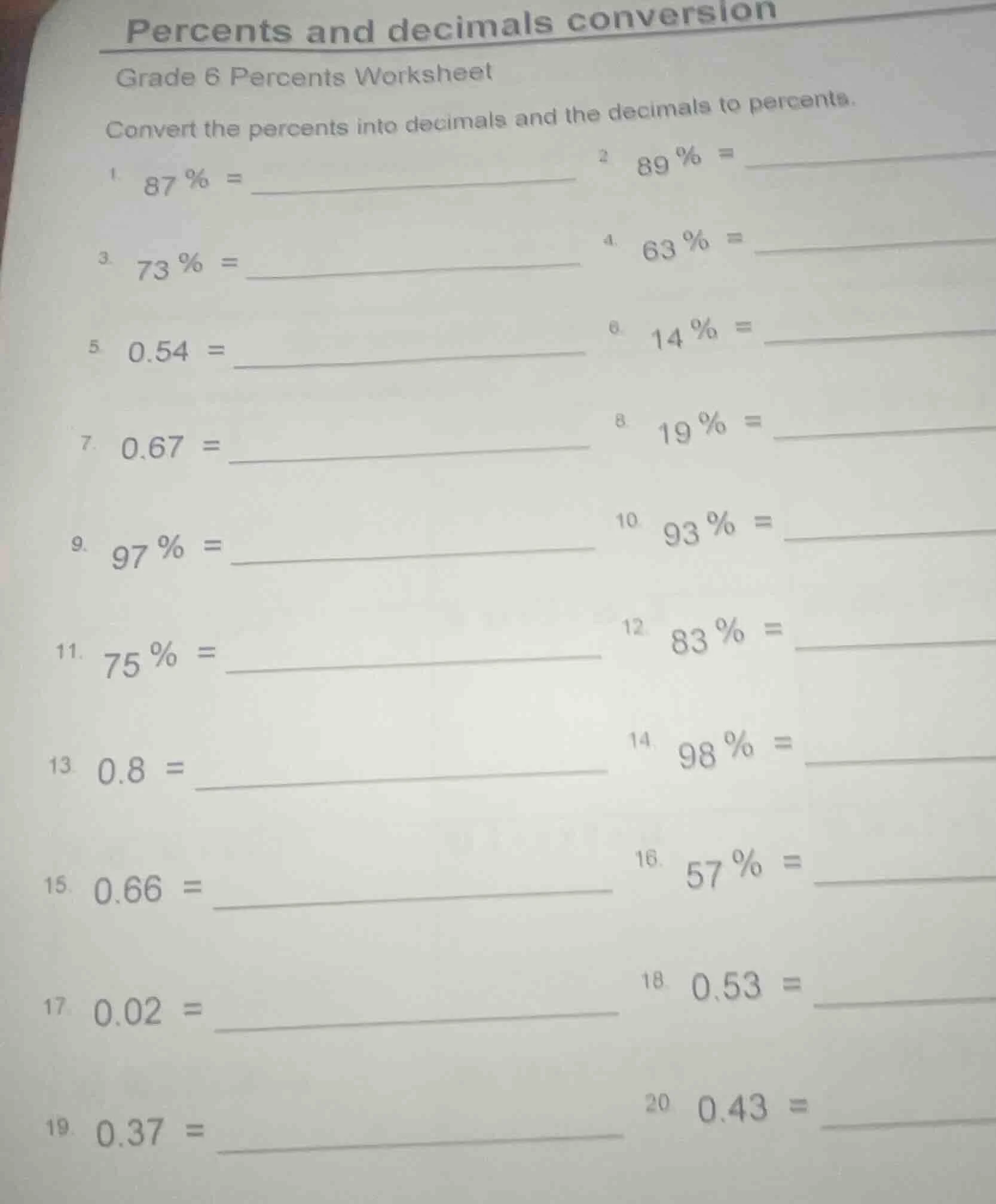 percents and decimals conversion grade 6 percents worksheet convert the…