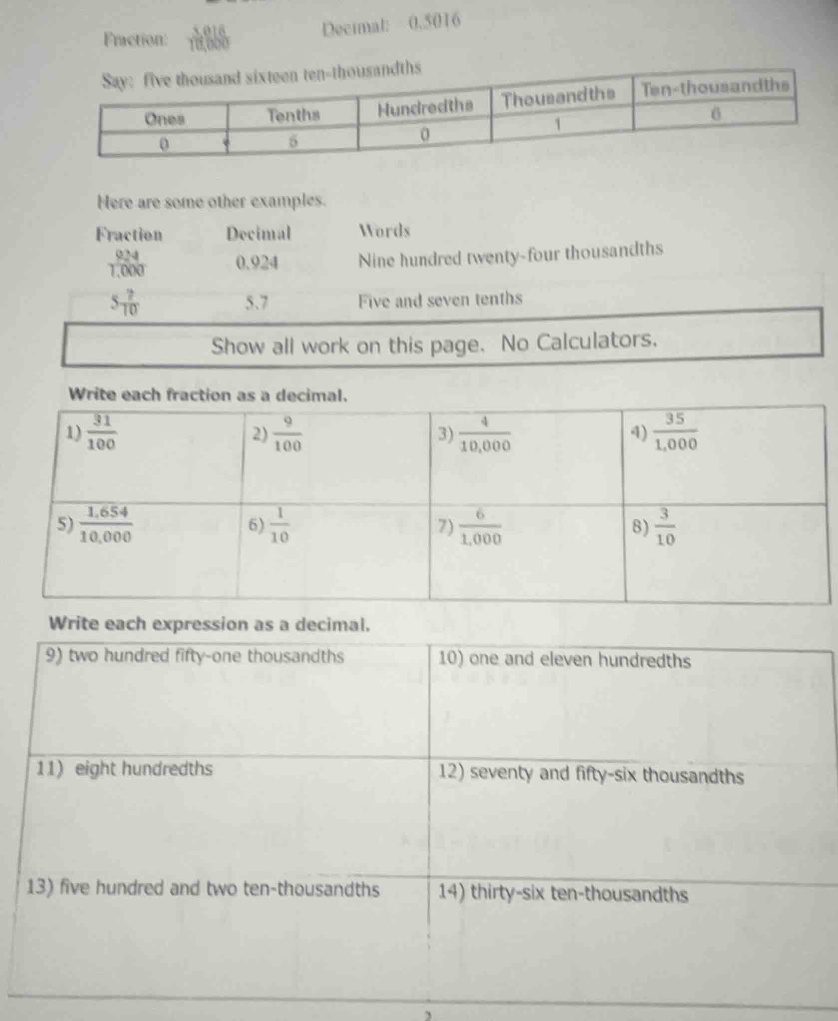 fraction: \\(\\frac{5016}{10000}\\) decimal: 0.5016 say: five thousand …