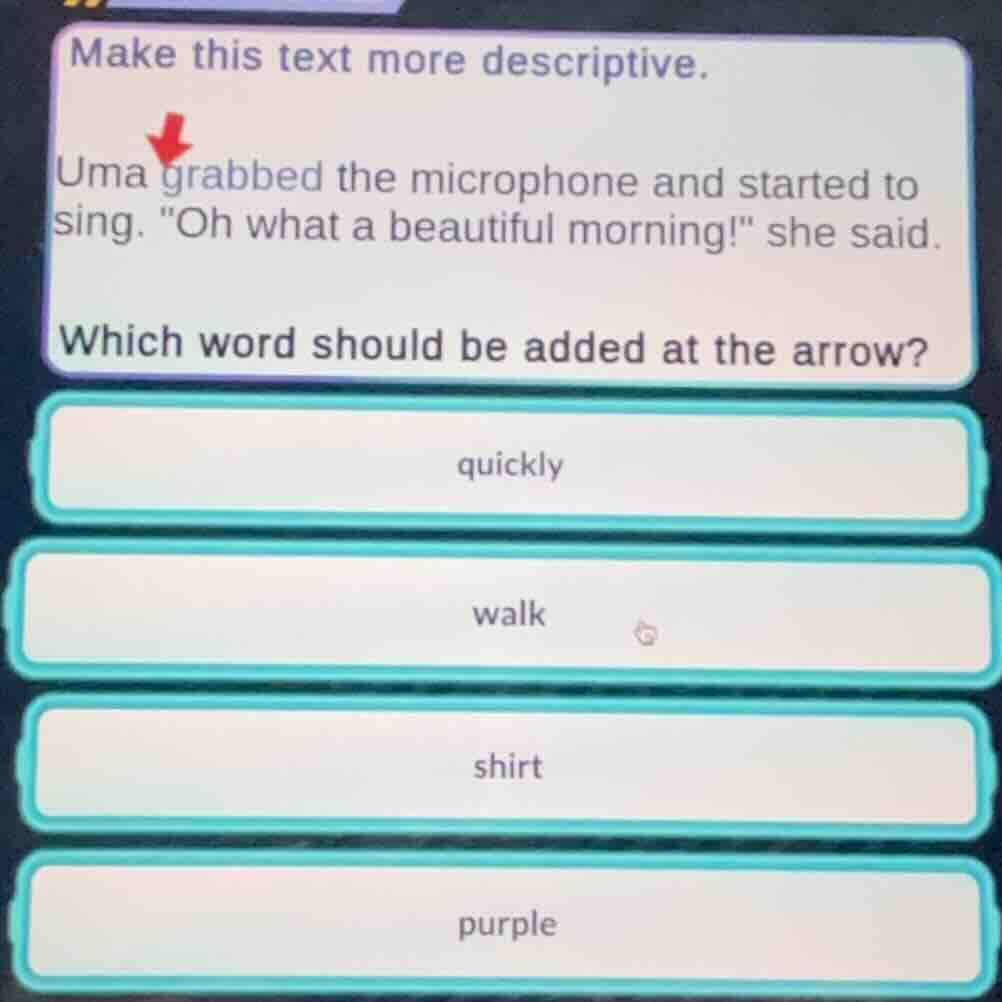 make this text more descriptive. uma grabbed the microphone and started…