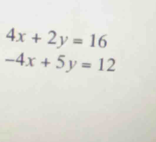 4x + 2y = 16\ -4x + 5y = 12