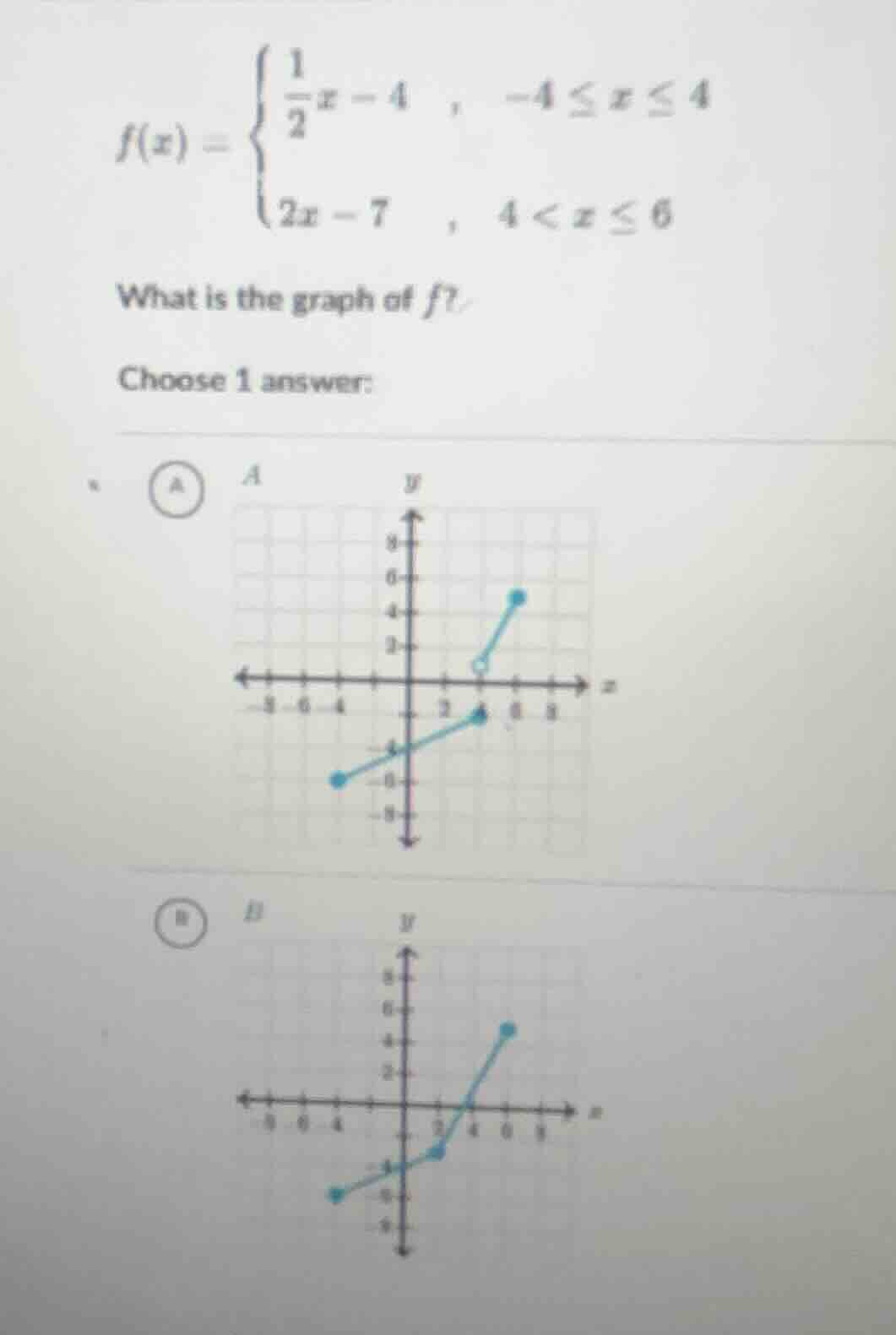 f(x) = \\begin{cases} \\frac{1}{2}x - 4, & -4 \\leq x \\leq 4 \\\\ 2x -…