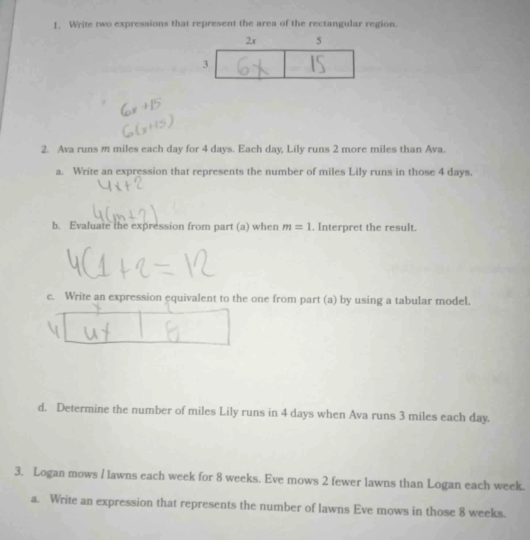 1. write two expressions that represent the area of the rectangular reg…