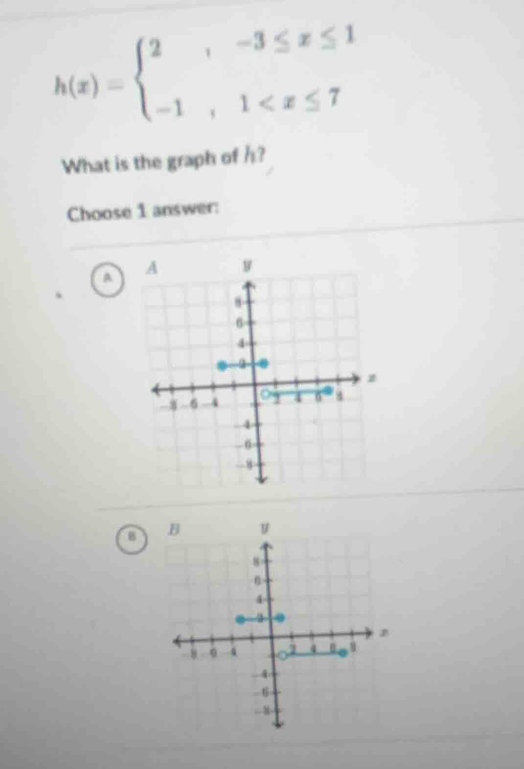h(x) = \\begin{cases} 2, & -3 \\leq x \\leq 1 \\\\ -1, & 1 < x \\leq 7 …